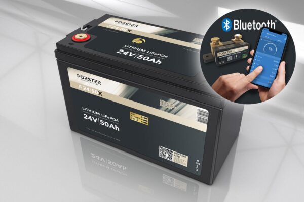 FORSTER 25,6V Lithium 50Ah LiFePO4 Premium Batterie | 200A-BMS-2.0 | 500A Bluetooth Mess-Shunt | 1280Wh | IP67