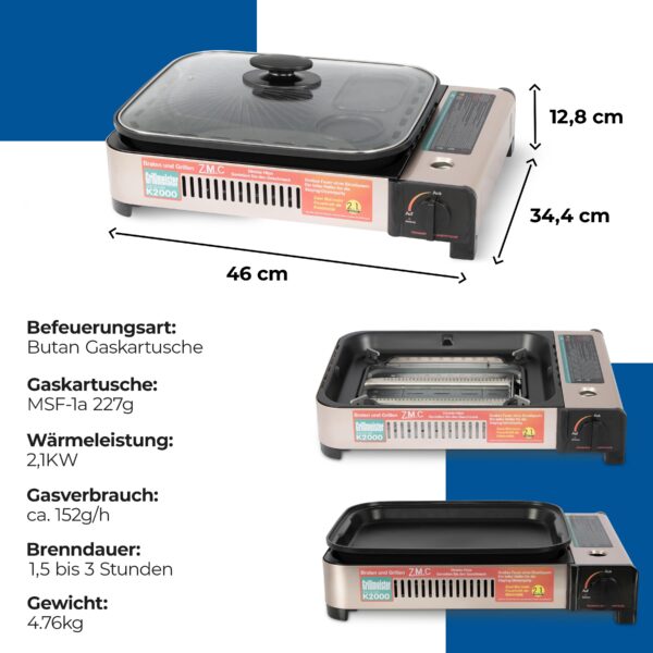 ZMC 2-in-1 Gaskocher & Gasgrill, 2,1 kW - Komplett-Set!! – Bild 5