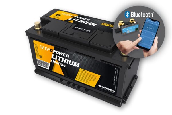 CS-Batteries 100Ah | 12,8V | 1280Wh | Lithium LiFePO4 Caravan Batterie | zusätzlicher 300A Bluetooth-Mess-Shunt - Untersitzbatterie