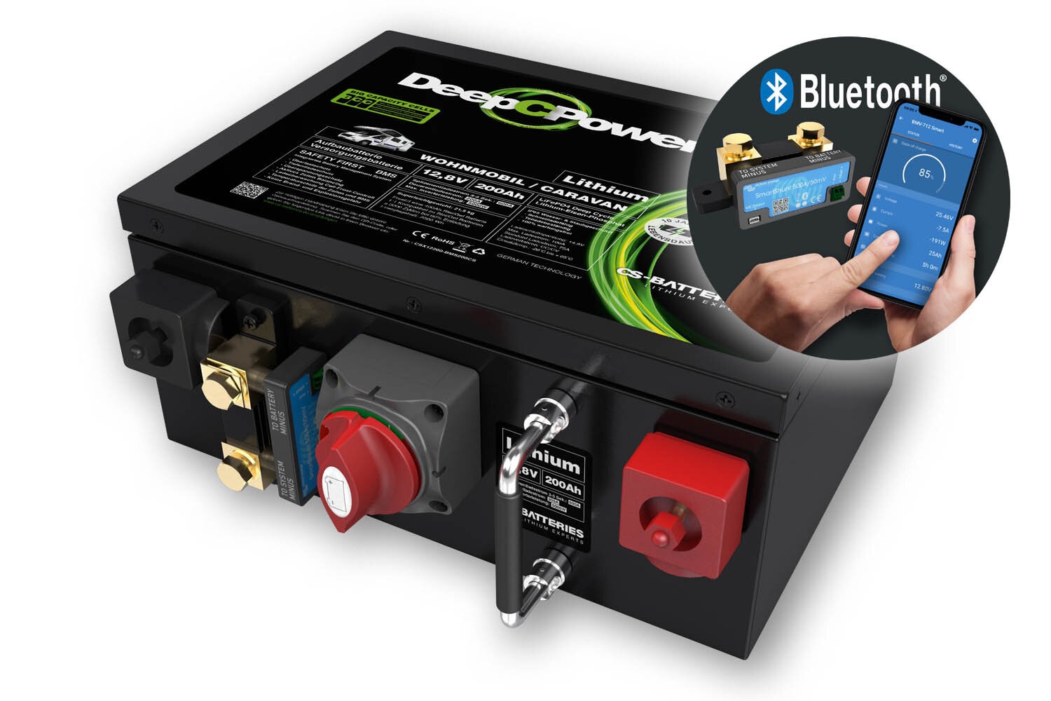 CS-Batteries 200Ah | 12,8V | 2560Wh | Lithium LiFePO4 Caravan Batterie | zusätzlicher 300A Bluetooth-Mess-Shunt - Untersitzbatterie