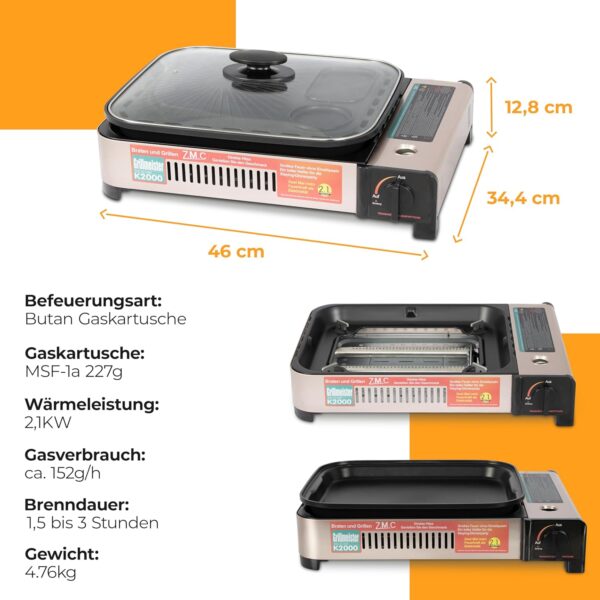 ZMC 2-in-1 Gaskocher & Gasgrill, 2,1 kW + 3 Gaskartuschen 227g!! – Bild 8